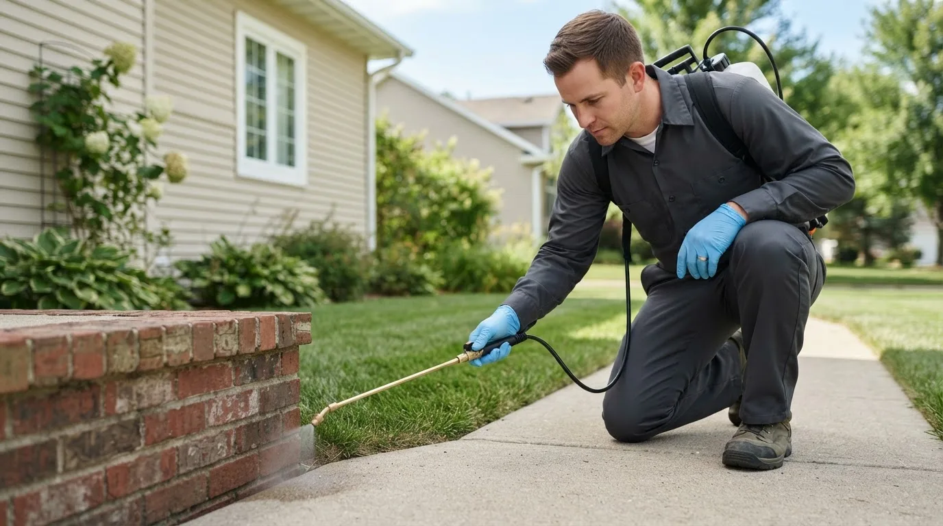 Pest control technician treating a home near Martinsville, MO