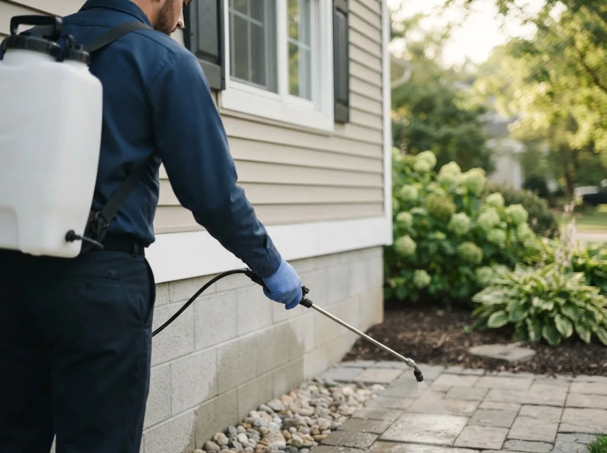 Pest control technician inspecting a home in Martinsville, MO